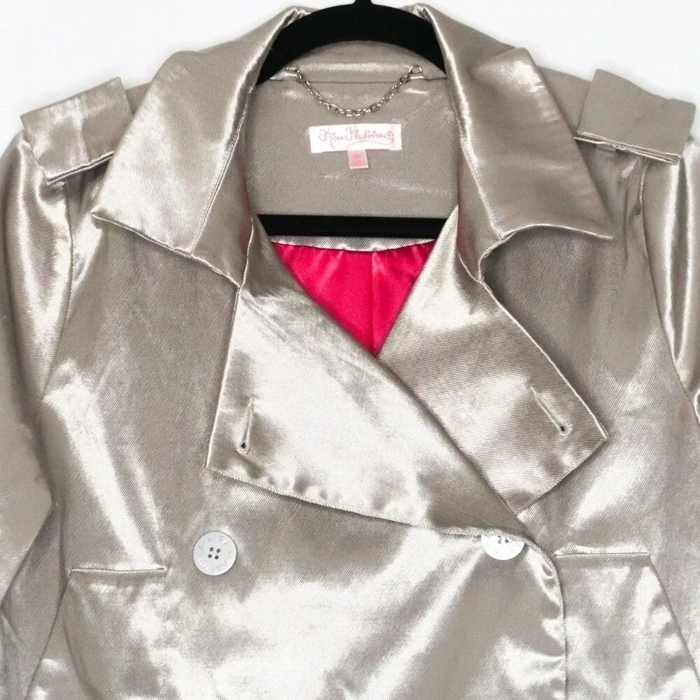 Kira Plastinina Womens Blazer‎ Jacket Size M Silver Coat Satin 90s Metallic